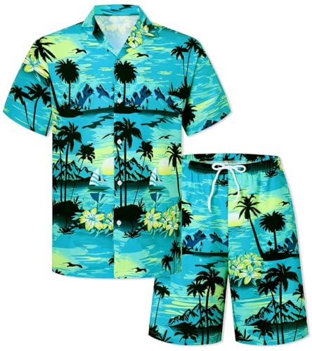 Image of Cromoncent Boy and Men Hawaiian Outfits Short Sleeve Shirts and Shorts Hawaiian Suits Beach Tropical 2 Pcs Vacation Sets