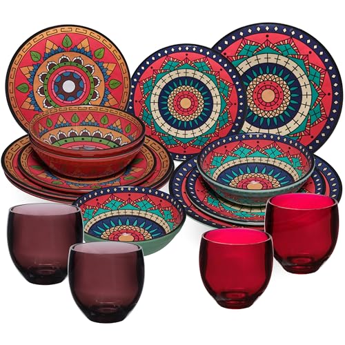 Vaisselle en mélamine Toscane Deep pour 4 personnes – 16 pièces rouge/vert – Aspect mandala avec verres de couleur assortie 400 ml Accessoires de camping caravane Camping Festival pique-nique Garden