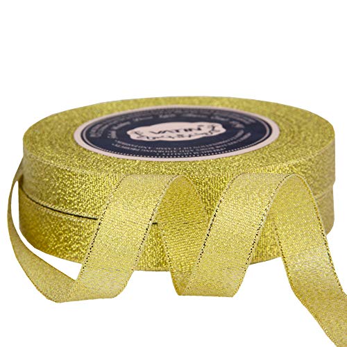 Vatin Glitter Metallic Gold Ribbon 5/8 Inches Wide Sparkly Fabric Gorgeous Ribbon For Gift Crafters Wedding Party Brithday Wrap Hair Bows Floral Projects 25 Yards/Roll X 2 Rolls #TOP3