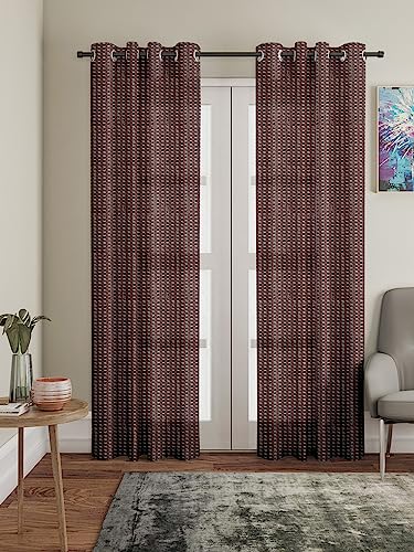 Image of Polyester Transparent Zig-Zag Net Sheer Curtains for Door Balcony Home Decoration, 10 feet Long, Brown, Set of 2