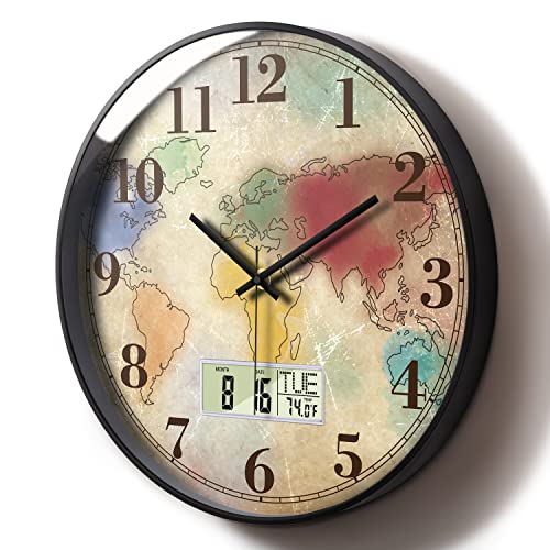 Modern Round Retro Digital and Analog Wall Clock Silent Calendar Colorful World Map Vintage Clocks with Date and Temperature Week Quiet Non-Ticking Kid Room Office Kitchen Decor for Bedroom 12 Inch
