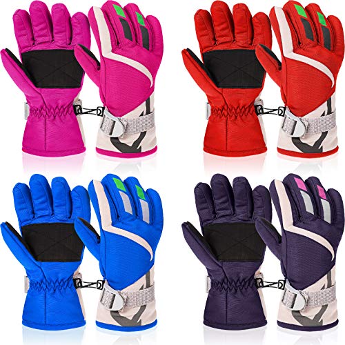 Kids Winter Ski Gloves Windproof Full Finger Snow Gloves Warm Toddler Cold Weather Sports Gloves For Boys Girls (Red, Blue, Rose Red, Purple,4 Pairs) #TOP6