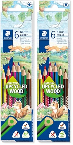 STAEDTLER Buntstifte Noris colour, ergonomisches Dreikantformat, rutschfeste Soft-Oberfläche, hohe Bruchfestigkeit, Made form Upcycled Wood, 6 Farbstifte im Kartonetui, 187 C6, 6 Stück (2er Pack)