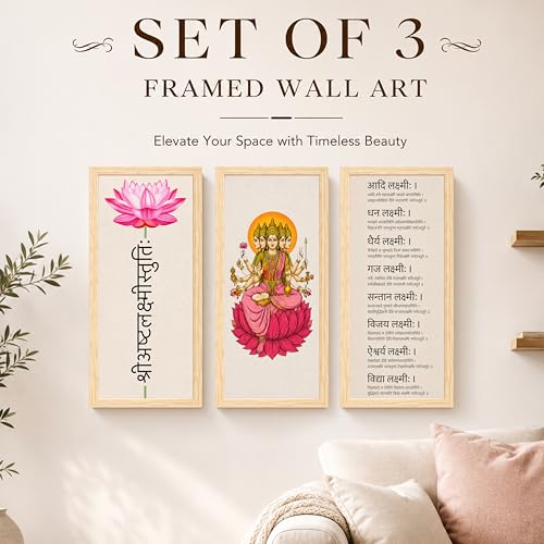 Image of Ashta Lakshmi Framed Wall Art Painting for Living Room, Set of 3 Hindu Goddess Lakshmi Mantra Poster, Eight Forms of Wealth Painting, Indian Religious for Living Room & Home Decor (Size 24x48)