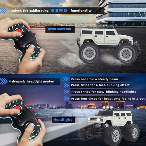 Image of popsugar Off Roader Rechargeable Remote Control Car | RC Car Monster Truck | 4 Headlight Modes | Lithium Battery | C-Type Charging | 2.4GHz Remote Controller | Made in India, Gray