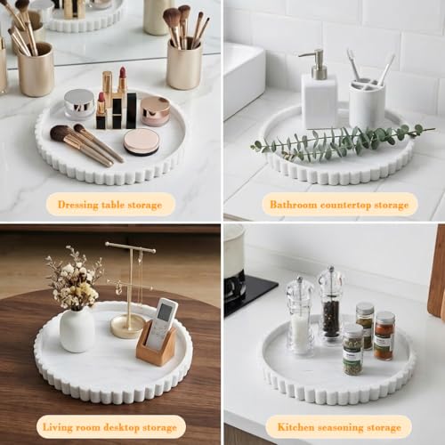 Image of HASTHIP Silicone Countertop Tray Toiletries Holder 23cm Dia Round Tray Desk Organizer Simulated White Marble Bathroom Countertop Organizer for Skincare, Cosmetics and Accessories