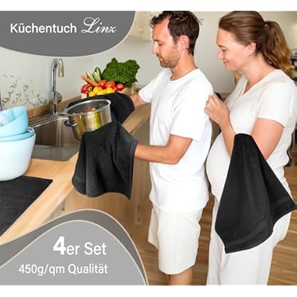 Lashuma 4er Set Frottee Geschirrtücher 50x50 cm, Linz Baumwoll Küchenhandtücher Schwarz – Bild 6
