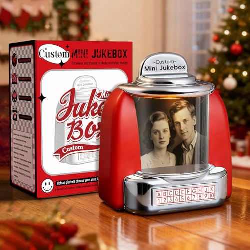 Custom Mini Jukebox Retro Speaker – Personalized Photo, Names & Date Music Player with Radio | Vintage Tabletop Home Decor | Nostalgic Christmas Valentine’s Day Gift for Couples, Men & Women