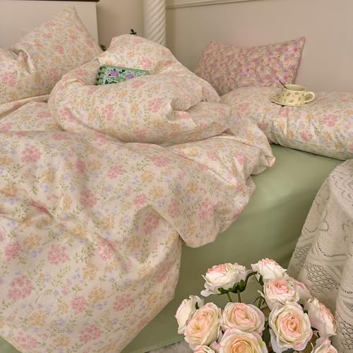 Image of VM VOUGEMARKET Flower Duvet Cover Twin Sage Green Teen Girls Cotton Duvet Cover with Zipper Ties Chic Rust Floral Bedding Set Without Comforter -Green,Twin