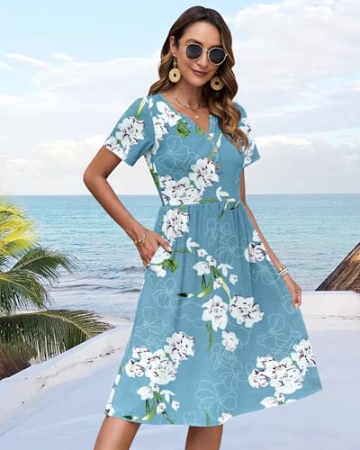 Image of WNEEDU Women V Neck Button Down Empire Waist Midi Summer Dress with Pockets