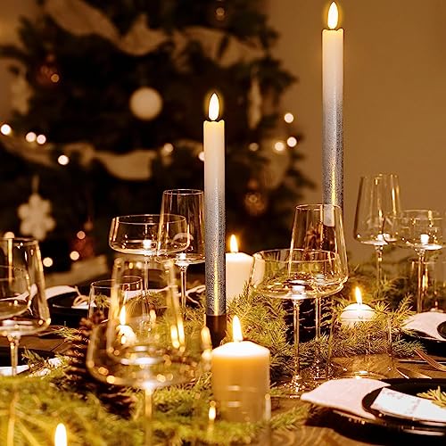 Image of Wondise Flameless Taper Candles with Remote & Timer, 9 Inch Real Wax Silver Battery Operated LED Flickering Candles for Christmas Thanksgiving Decorations