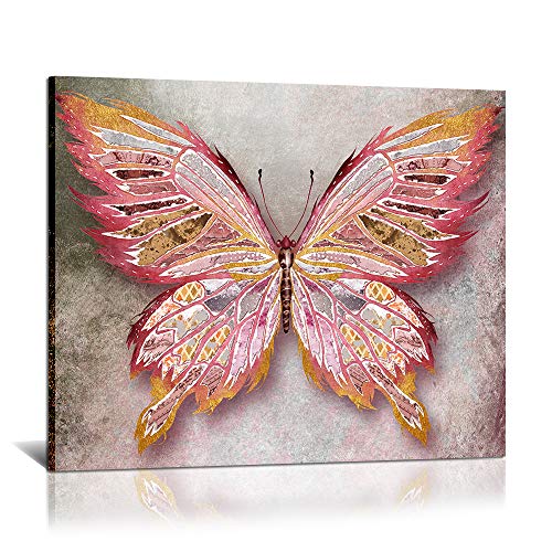 Skenoart Rustic Butterfly Canvas Wall Art Pink And Gold Giclee Print Animal Picture Wildlife Photo For Living Room Women Gift Modern Home Art Ready To Hang 16"X20" #TOP14