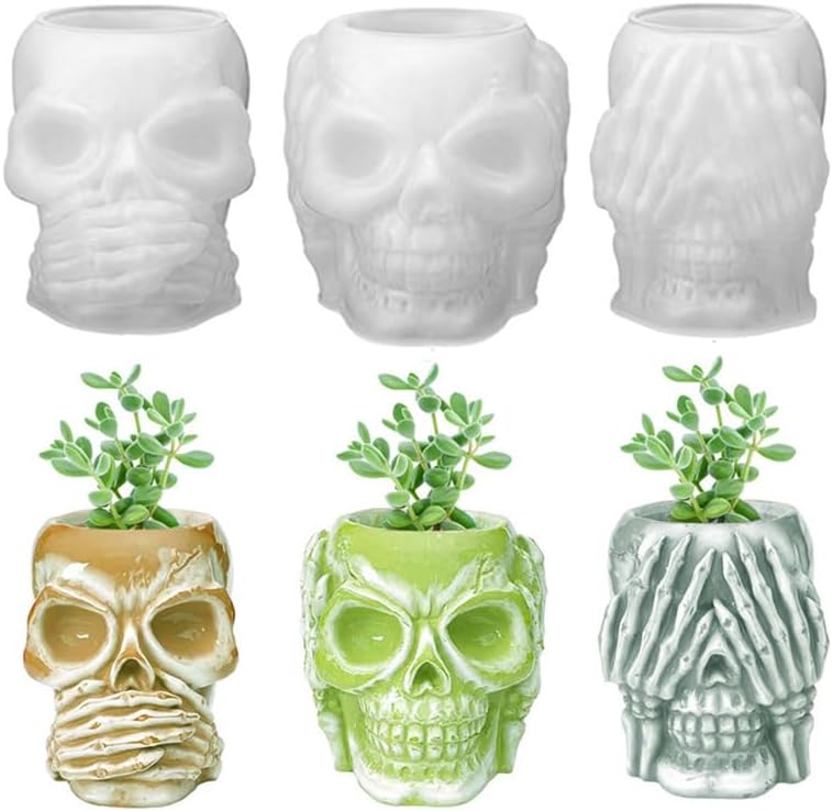 Juego de 3 cajas de almacenamiento de calavera de Halloween, molde de resina de silicona, frasco de botella con forma de calavera, moldes de