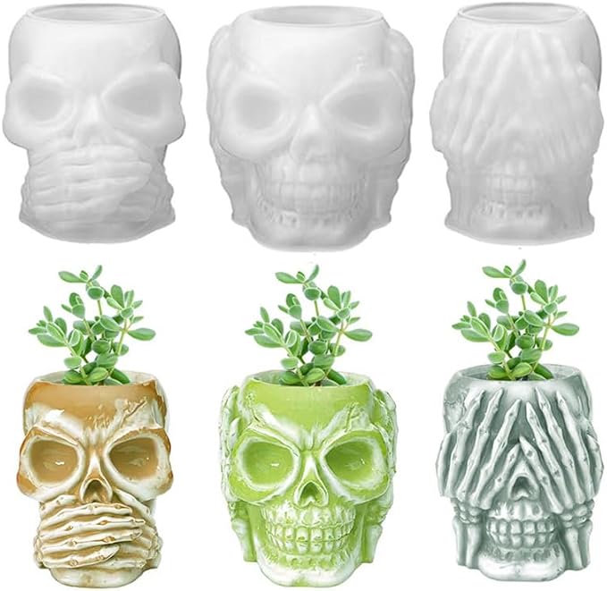 3 Set Halloween Skull Storage Box Silicone Resin Mold Skull Shaped Bottle Jar Epoxy Silicone Casting Molds for Potted Candlestick Ornaments Container Pen Holder, 3D DIY Decor Crafts