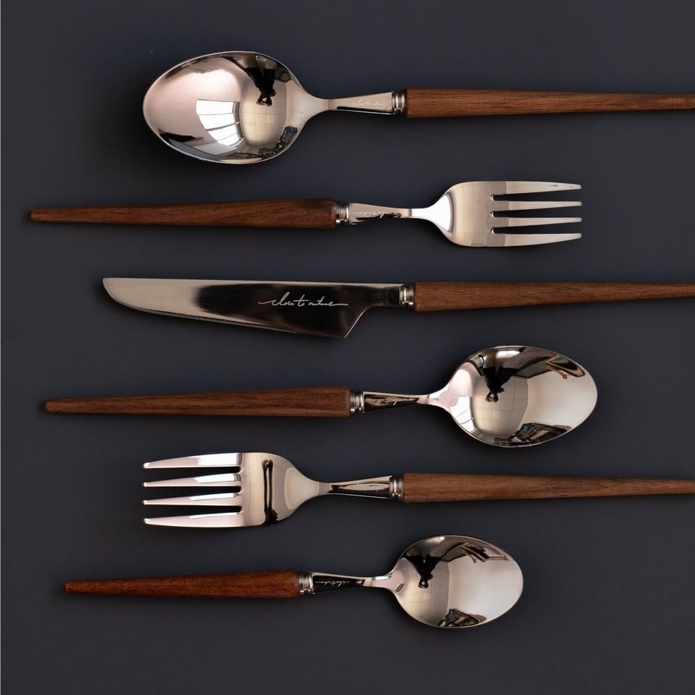 Luxury Silverware Flatware Set with Wooden Handle, 30/40/50/60 Pieces Creative Knife Fork and Spoon Set, Stainless Steel Steak Knives Dessert Fork Spoon for Home Kitchen Gift