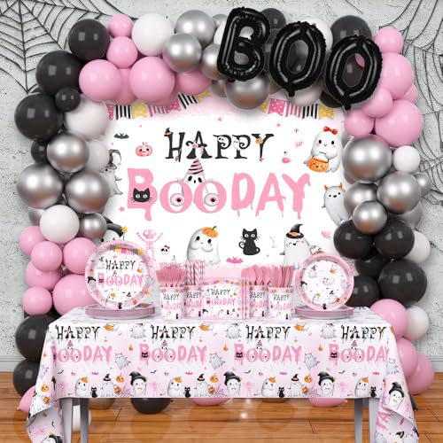 305 Pcs Pink Halloween Booday Party Decorations Includes Plates Cup Napkin Tablecloth Halloween Happy Boo Day Banner Ghost Boo Birthday Themed Balloons Disposable Tableware