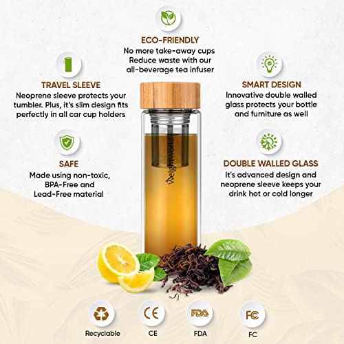 Tea Infuser Bottle - 500ml Leakproof Hot & Cold Brew Glass Water Bottle with Stainless Steel Tea Strainer, Bamboo Lid & Neoprene Sleeve - BPA Free Tea Infuser for Loose Tea - Tea Gifts for Women & Men