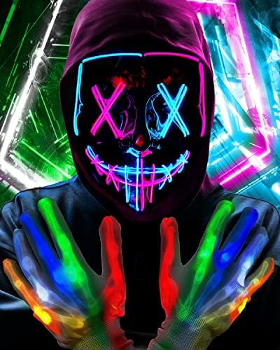 longpo Halloween Purge Mask for Adults Led Light Up Scary Mask Cosplay Costume for Halloween Festival Masquerade Carnival Party (ice blue pink mask and Multi-coloured gloves)