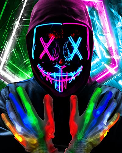 Longpo Halloween Purge Mask For Adults Led Light Up Scary Mask Cosplay Costume For Halloween Festival Masquerade Carnival Party (Ice Blue Pink Mask And Multi-Coloured Gloves) #TOP24