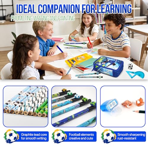 Ronronner 46pcs Federmäppchen Jungen – Fußball Motiv | Mäppchen Jungs 3fach mit 24 Buntstifte + Watercolor Stifte | Federtasche Jungen groß als Schlampermäppchen für die Schule