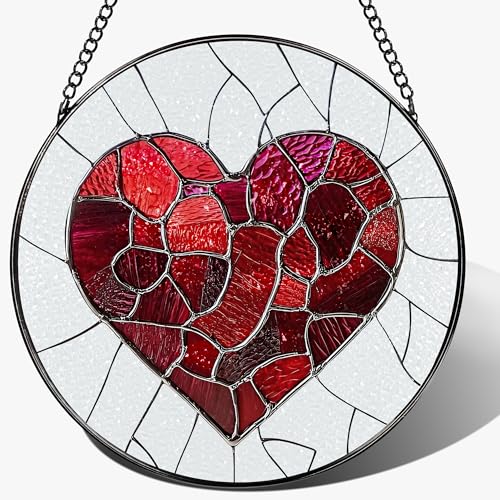 Stained Glass Window Hanging - 8 in Heart Suncatcher -