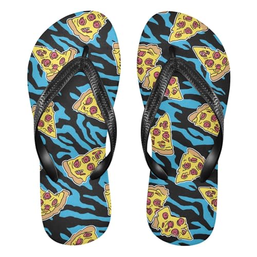 ALAZA Blue Tiger Skin Pizza Flip Flops for Women Fashion Beach Slippers Comfort Mens Flip Flops Non-Slip Rubber Shower Slippers Sandal for Hotel Travel Sport,XS