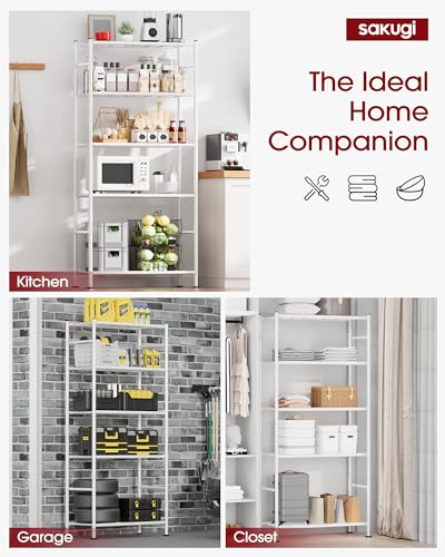 Image of Sakugi Storage Shelves - 5 Tier Shelf Organizer, Heavy Duty Garage Shelving Unit with Leveling Feet, Stable Metal Shelves Organizer for Pantry, Kitchen and Closet, 33.0 inch W x 12.6 inch D x 72.0 inch H, White