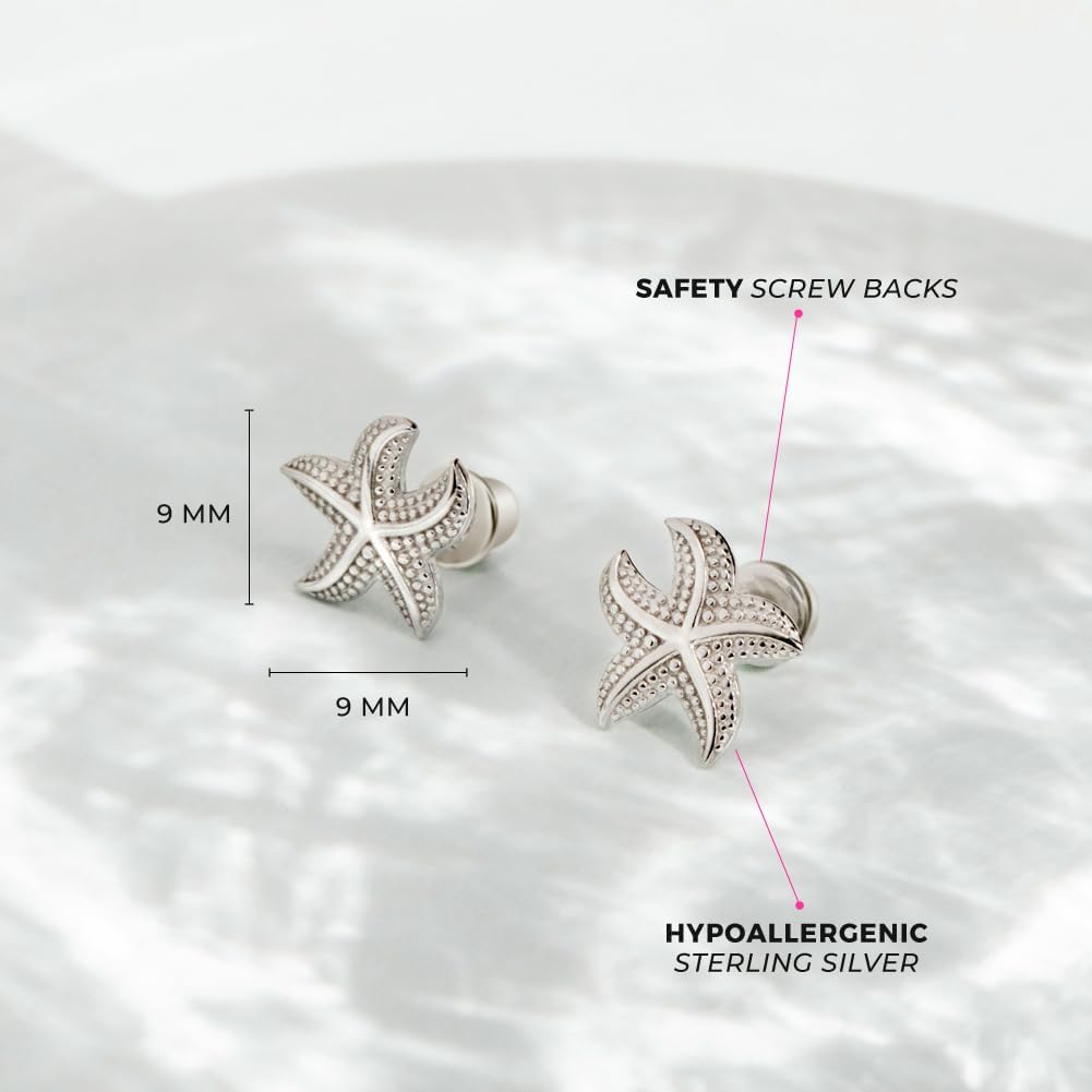 925 Sterling Silver Starfish Sea Nautical Safety Screw Back Earrings For Girls- Sea Life Star Fish Earrings For Young Girls - Sweet Ocean Life Earrings For Girls