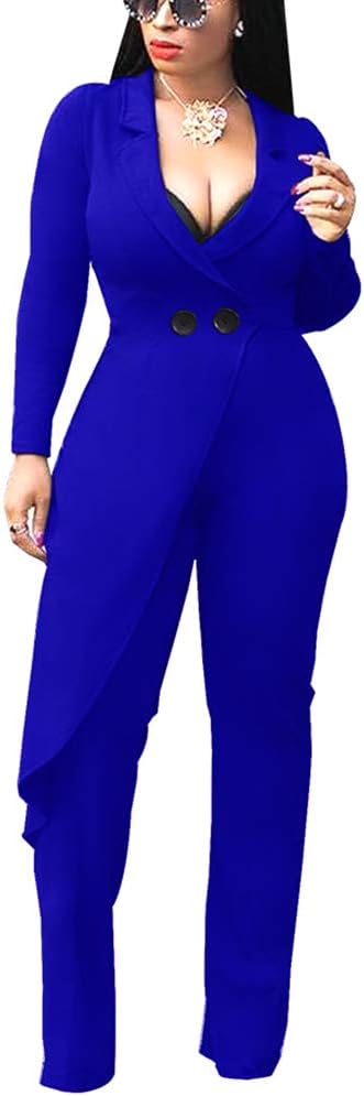 Choichic Women's Elegant Bodycon Wide Leg Jumpsuit Long Sleeve High Waist Slim Fit One Piece Jumpsuit Overall Long Palazzo Pants Suit Blue XX-Large