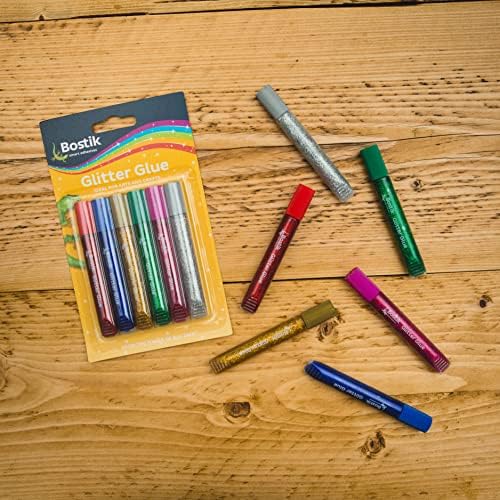 Bostik Glitter Glue Pens for Arts and Crafts, Easy to Use, Less Mess, Washable, Solvent Free, UKCA and CE Approved, 6 Coloured Glue Pens
