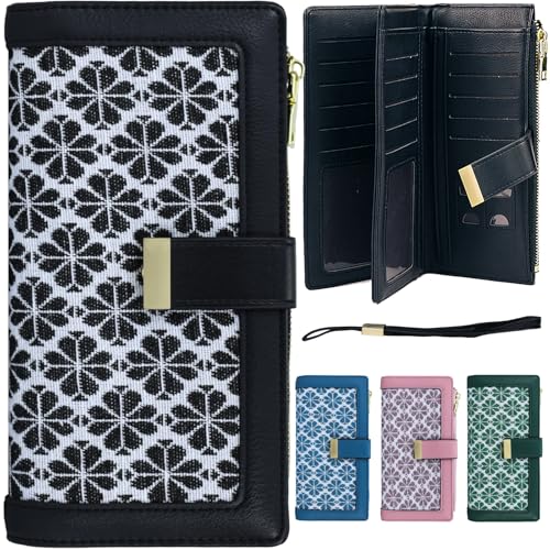 Black RFID Blocking Wallet for Women Long Leather Coin Purse with Flower Design Minimalist Credit Card Holder and ID Window Cute Travel Cash Wallet for Women