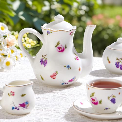 Image of TUZT Tea Party Set for Little Girls Ages 3-8, White Floral Porcelain Tea Set with Gold Trim Edges, Princess Tea Time Toy Includes Pot & Cups & Saucers & Suitcase, Birthday Gifts for Toddlers Girls