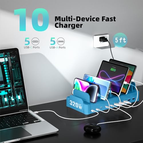 Image of 320W Charging Station for Multiple Devices, Zobirez 10-Port USB C Fast Charger Stations for MacBook, iPhone, Android Cell Phone, iPad, Tablet, Family Multi-Device Organizer Charging Dock, Blue