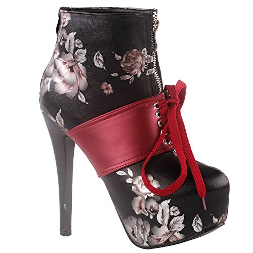SHOW STORY Retro Black Red Two Tone Flower Print Lace-Up Zip Platform Stiletto Ankle Bootie Boot,LF808572