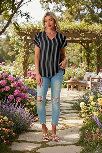 Lepunuo Plus Size Womens Summer Tops Short Sleeve Dressy Blouses V Neck Work Tunic Tops Casual Flowy Shirts Striped Black — view 2