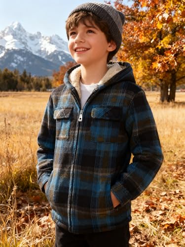 Image of Boys Fleece Jacket with Hood Unisex Child Sherpa Lined Zip Up Warm Coat Hooded Sweatshirt Outerwear