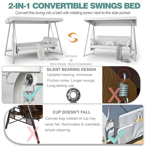 Champagne-White 3 to 4 Seat Outdoor Swing Bed with Canopy