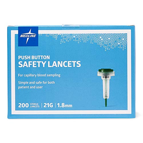 Image of Medline Sterile Safety Lancets with Push-Button Activation, 21G x 1.8 mm, Box of 200: Dependable Blood Sampling Device for Blood Glucose Testing