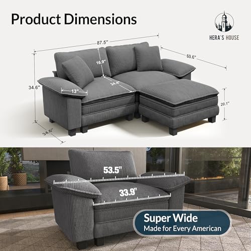 Image of HERA'S HOUSE 3-Seat L Shaped Modular Cloud Couch Sectional Sofa Ottoman | Modern 87.5 inch Couch, Grey, Wider Armrest, Comfy Deep Seat, Soft Corduroy Sofa for Living Room