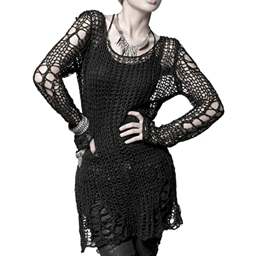 Punk Rave Women's Goth Open Knit Pullover Sweater Long Sleeve Color Block Sweaters Loose Crochet Jumper Tops Black #TOP1