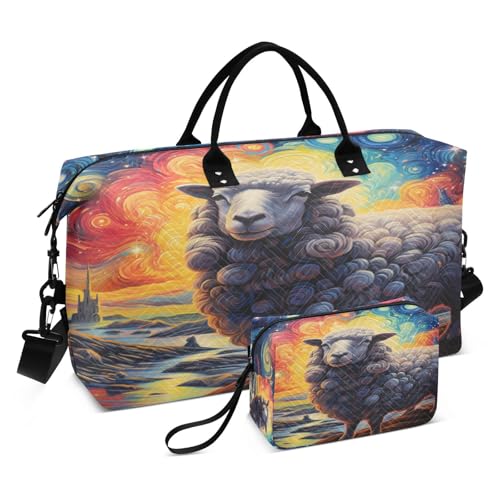 Van Gogh Art Sheep Travel Duffel Bags Gym Bag Weekender Handbag with Toiletry Bag for Women Girls Men