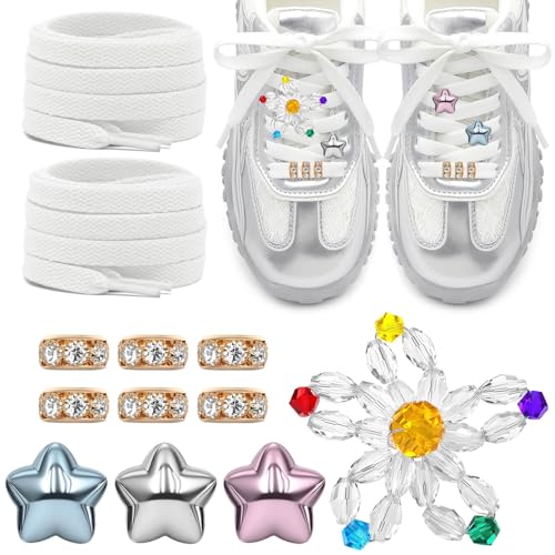 DELELE Shoe Lace Charms for Sneakers: Fashion Women Tennis Shoe Decoration Charms Kit - 1 Pair 47 inch White Flat Shoelaces with 10 Shoes Charm Set