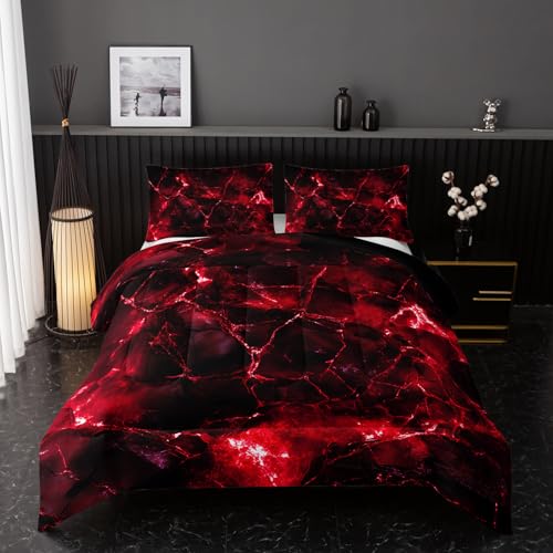 Image of Nttopship Red Comforter Set King Size,Red Marble Bedding Set 3 Pcs Bedding for Adults, Marble Room Decor with Comforter and 2 Pillowcases Soft and Lightweight B-Side Black