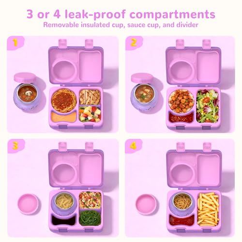 Image of Bento Box for Kids, Leakproof Kids Lunch Box with 8.5OZ Thermo Food Jar & Lunch Bag, 3-4 Compartments Toddler Insulated Lunch Box for Girls, BPA Free Lunch Containers for School Daycare