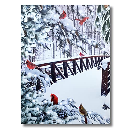 BANBERRY DESIGNS Lighted Cardinal Snowy Bridge Canvas Print - Light up Print - Cardinals LED Winter Woodsy Scene - Battery Operated - Measures 16