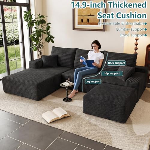 Image of 95 inch U-Shape Cloud Couch, Modern Modular Sectional L-Shape Sofa with Ottoman, Corduroy Upholstered Couches Deep Seat Sleeper Chaise Longue for Living Room, No Assembly Required(Black, Left Facing)