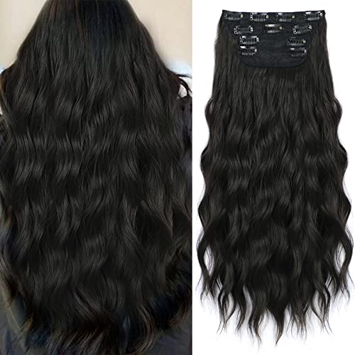 Stamped Glorious Clip in Hair Extensions Black Brown Long Wavy Hair Extensions for Women 4pcs Long Hairpieces Synthetic Invisible Hair Extensions (20, Black Brown)