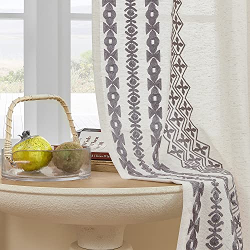 Vintage Linen Curtains 84 Inch Length 2 Panels, Farmhouse Curtains For Living Room Bedroom Boho Embroidered Striped Drapes Grommet Semi Sheer Curtains Flax Curtains Window Treatment Decor, 52X84 Grey #TOP4