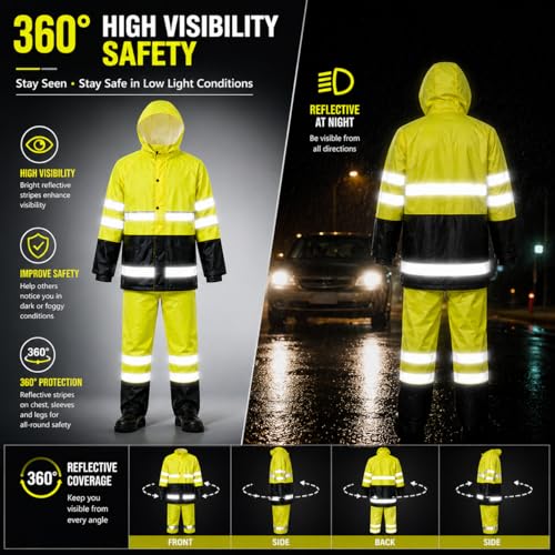 Image of Rain Suit For Men & Women Waterproof Heavy Duty Rain Gear Reflective Jacket for Fishing Outdoor Work Raincoats