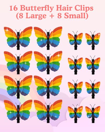 16PCS Pinzas para el cabello mariposa con purpurina arcoíris Pride – 8 grandes y 8 pequeñas con alas plegables para desfile Pride, accesorios de cabello arcoíris para celebración del Día LGBTQ miniatura 2